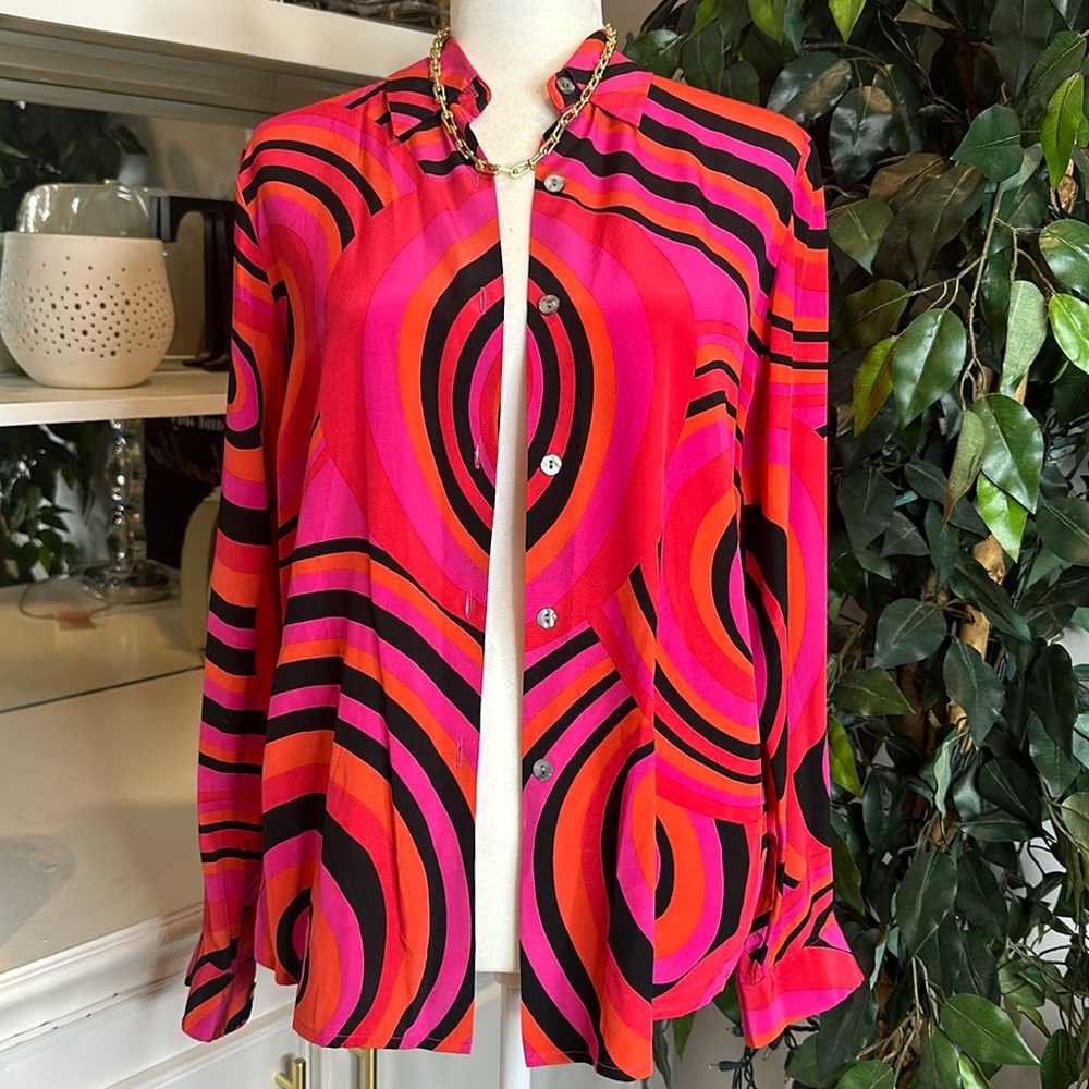 EUC Studio G 100% Silk Retro Style Pink/Blk/Orange Button Down Shirt, 8